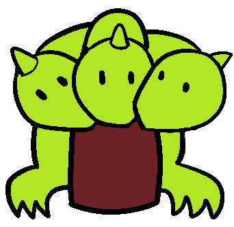 A bright green hydra resting all three heads on a red square.